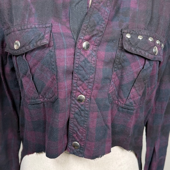 RILEY 1880‎ Crop Plaid Flannel Snap Up Shirt XS/S Bling Purple Western Grunge - Picture 13 of 17